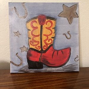 Whimsical cowboy boot painting on canvas